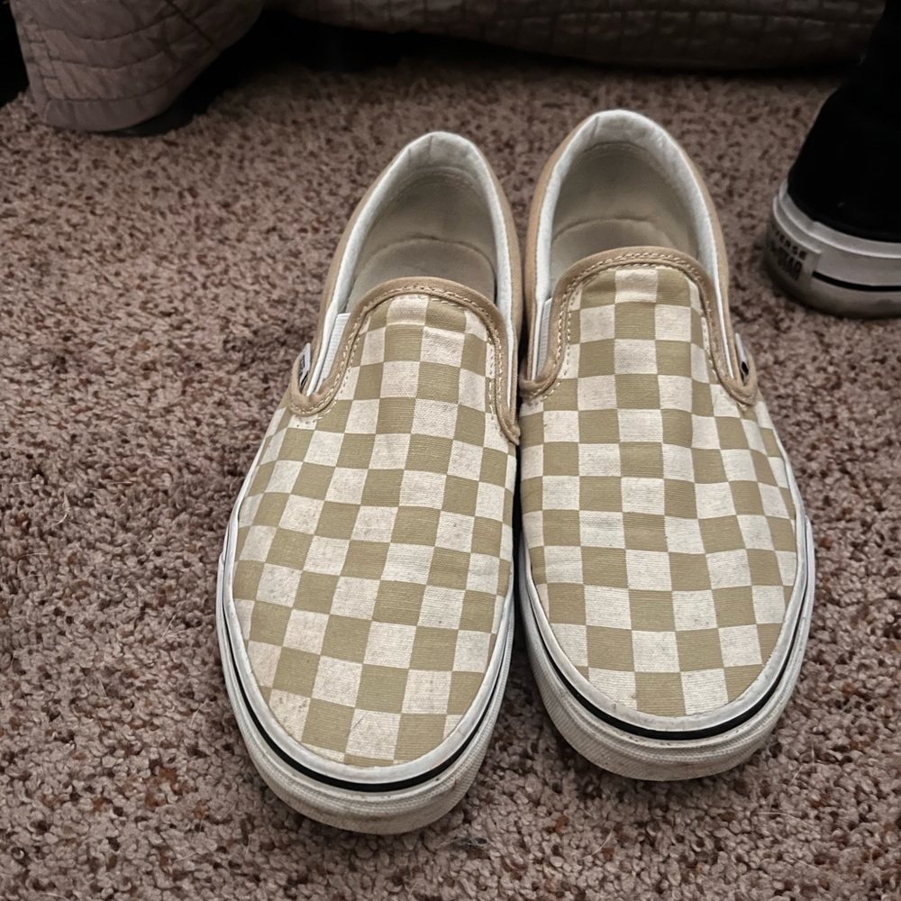 Vans Checkered Slip-On Shoes - Tan and White